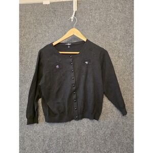 Cardigan Sweater Womens Medium Gray Floral Embroidered Beaded Sequin Knit Top